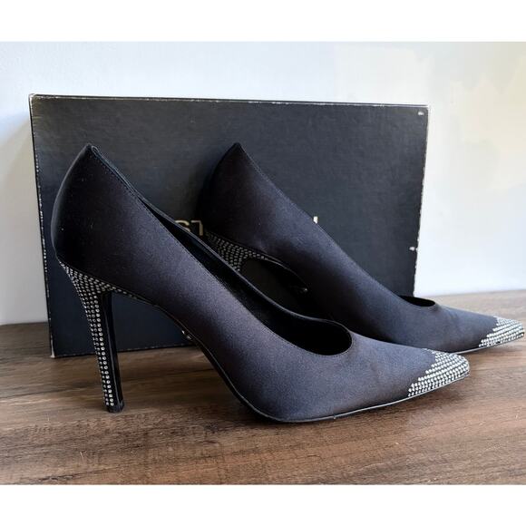 St. John Couture Audrey 8 Black Satin Rhinestone Heels Pointed Toe Stiletto Box - Picture 4 of 10